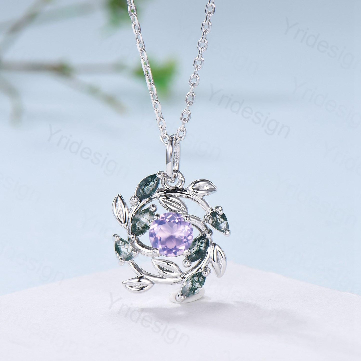 Handmade Blue Sandstone Necklace with Moss Agate, Nature Inspired Leaf Vine Pendant - PENFINE