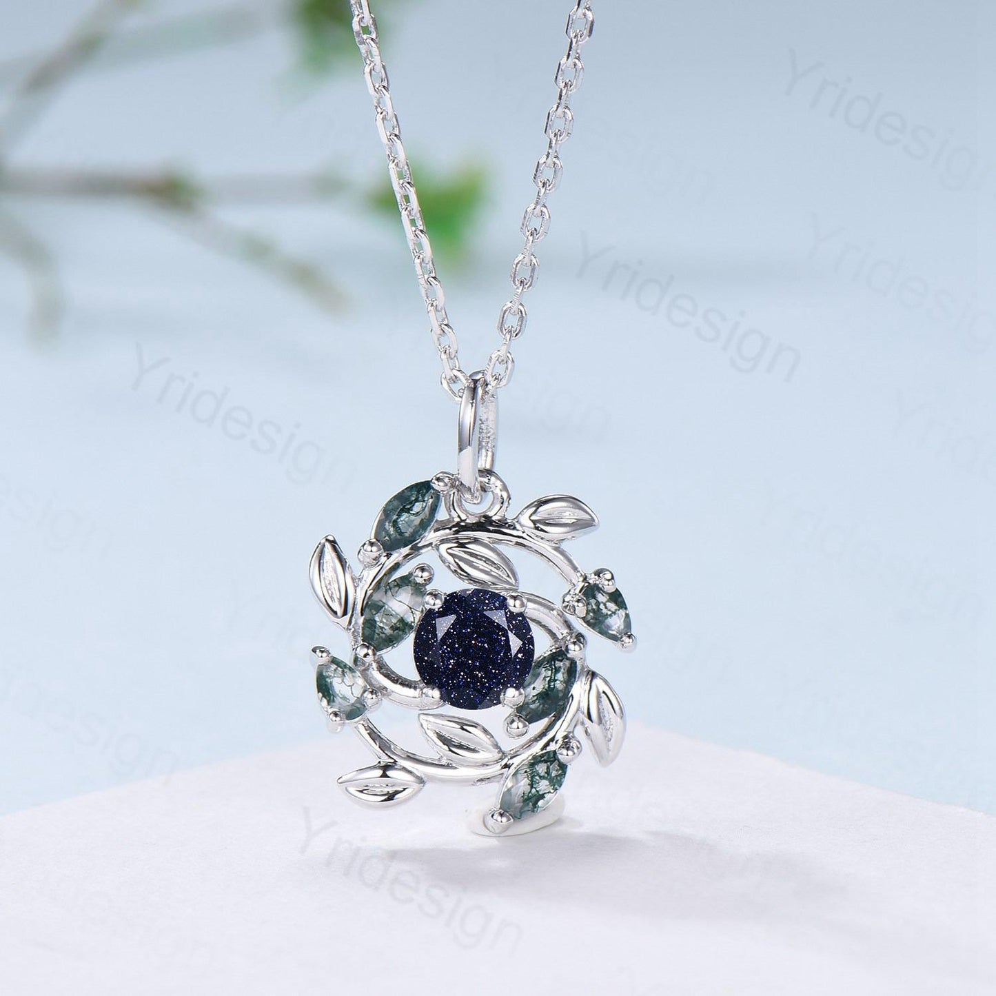 Handmade Blue Sandstone Necklace with Moss Agate, Nature Inspired Leaf Vine Pendant - PENFINE
