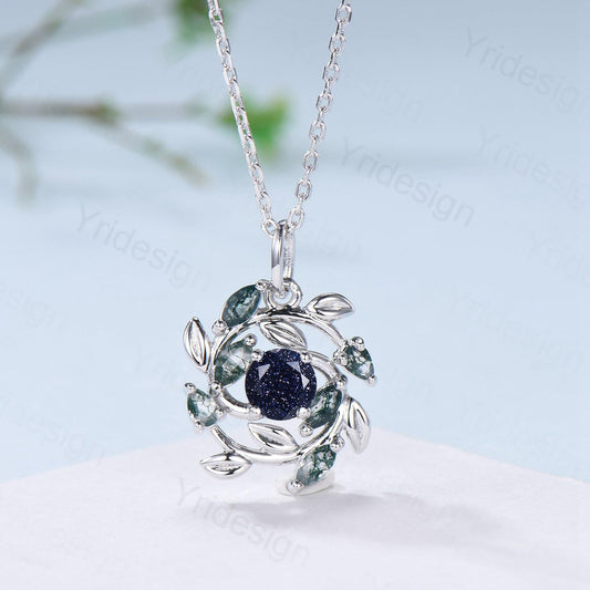 Handmade Blue Sandstone Necklace with Moss Agate, Nature Inspired Leaf Vine Pendant - PENFINE