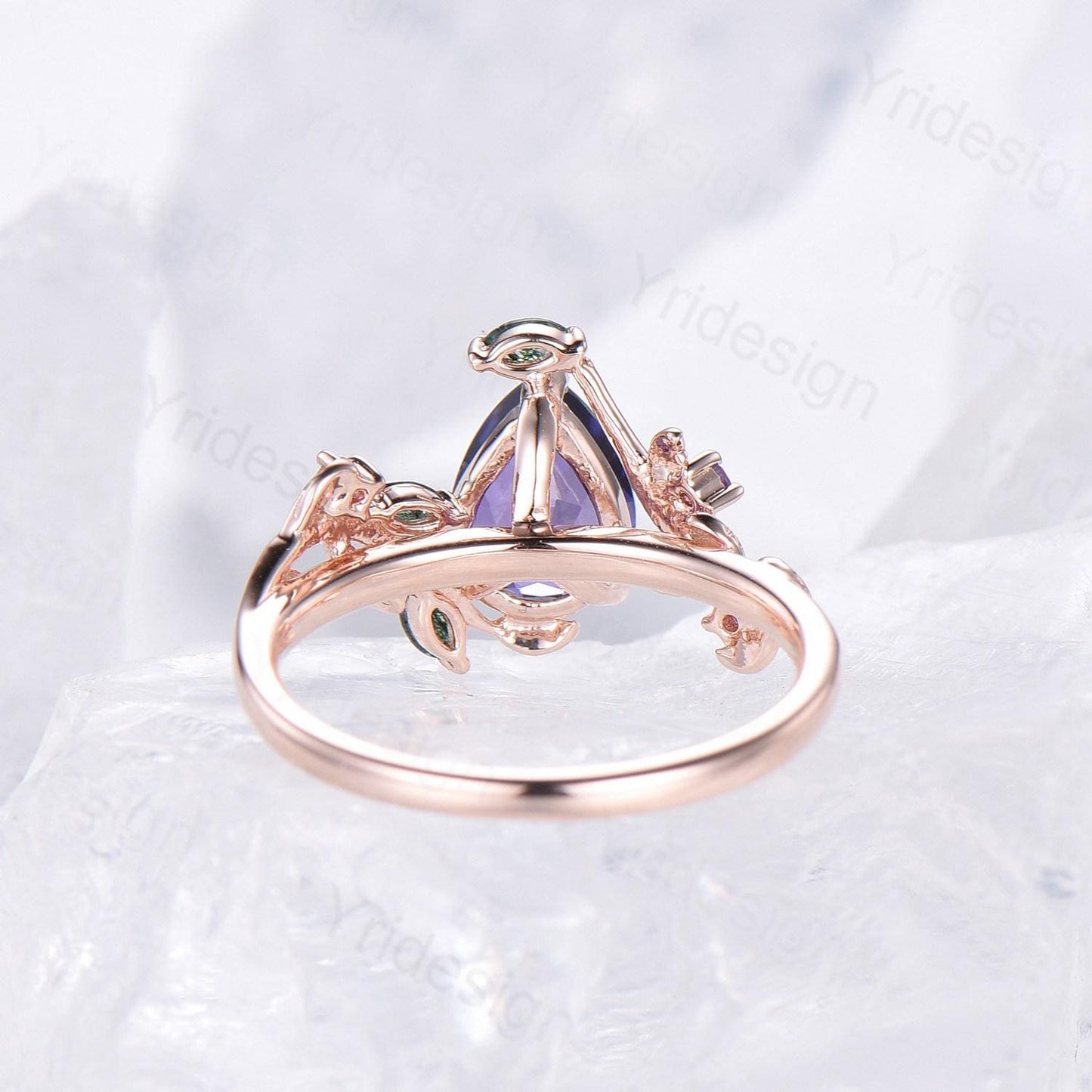 Natural inspired  Flower Salt And Pepper Diamond Ring Twig Vine Pear Shaped Engagement Ring Leaf Amethyst marquise moss agate Wedding Ring - PENFINE