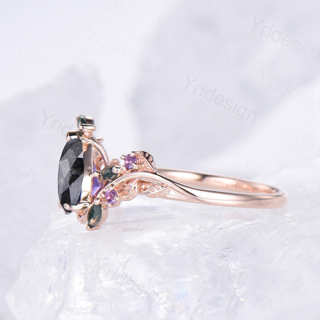 Natural inspired  Flower Salt And Pepper Diamond Ring Twig Vine Pear Shaped Engagement Ring Leaf Amethyst marquise moss agate Wedding Ring - PENFINE