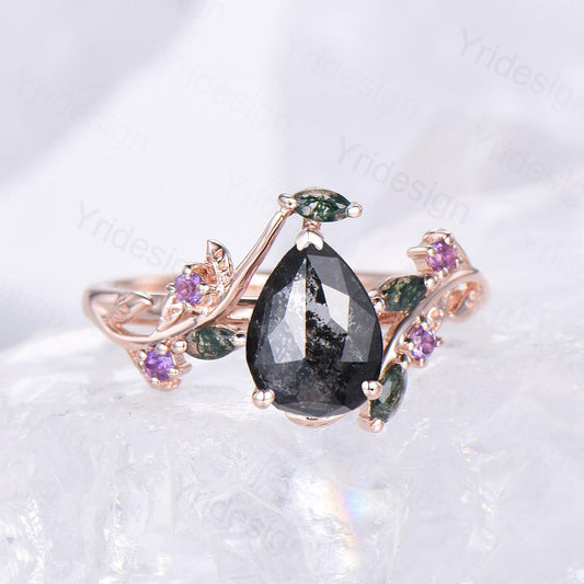 Natural inspired Flower Salt And Pepper Diamond Ring Twig Vine Pear Shaped Engagement Ring Leaf Amethyst marquise moss agate Wedding Ring - PENFINE