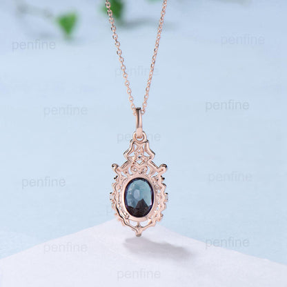 Vintage Natural Oval Tanzanite Pendant Necklace Retro Halo Moonstone Necklace Floral Flower Pendant Unique Birthstone Anniversary gift Women - PENFINE