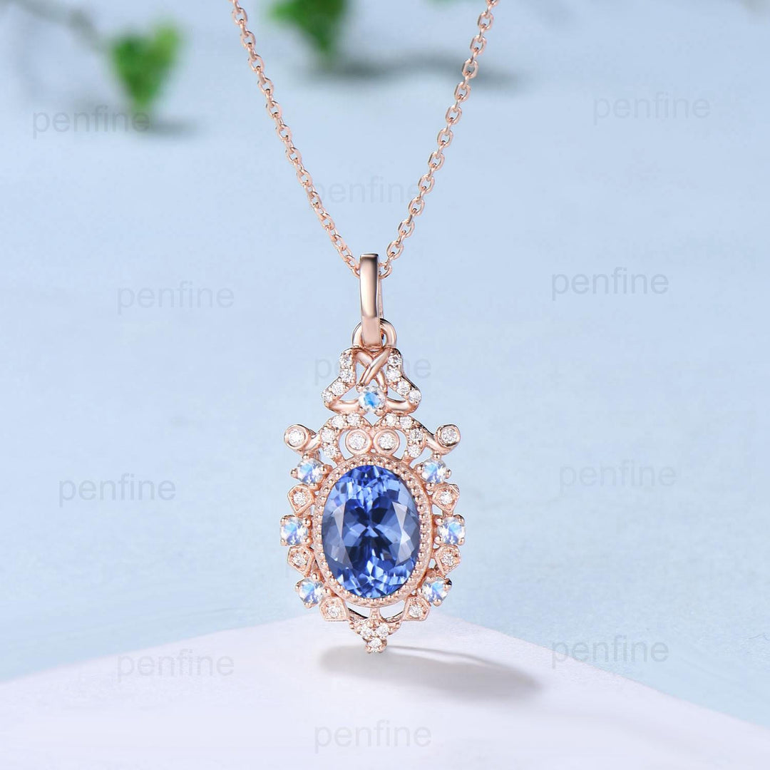 Vintage Natural Oval Tanzanite Pendant Necklace Retro Halo Moonstone Necklace Floral Flower Pendant Unique Birthstone Anniversary gift Women - PENFINE