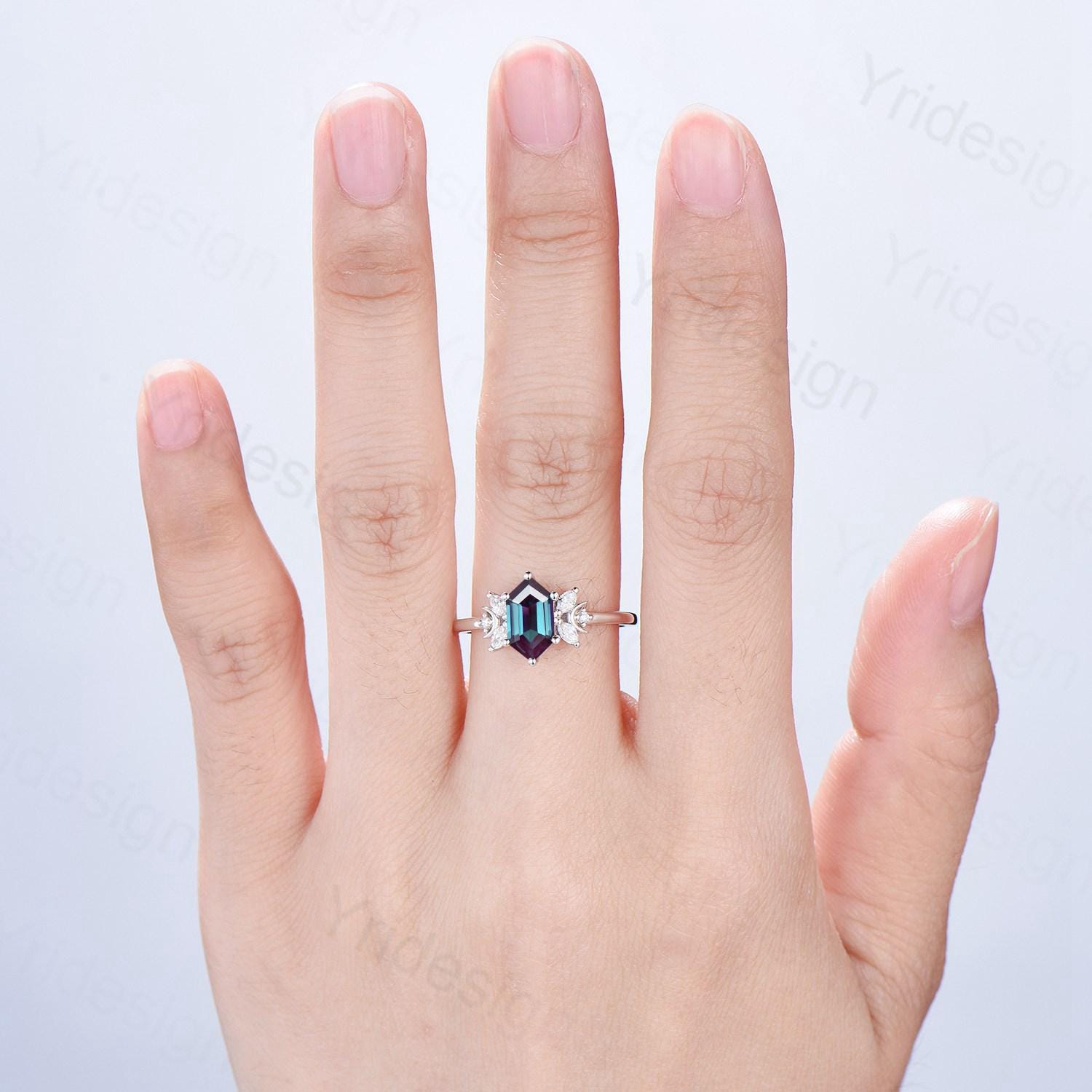 Dainty long hexagon alexandrite engagement ring crescent moon color change alexandrite diamond wedding ring June birthstone anniversary gift - PENFINE