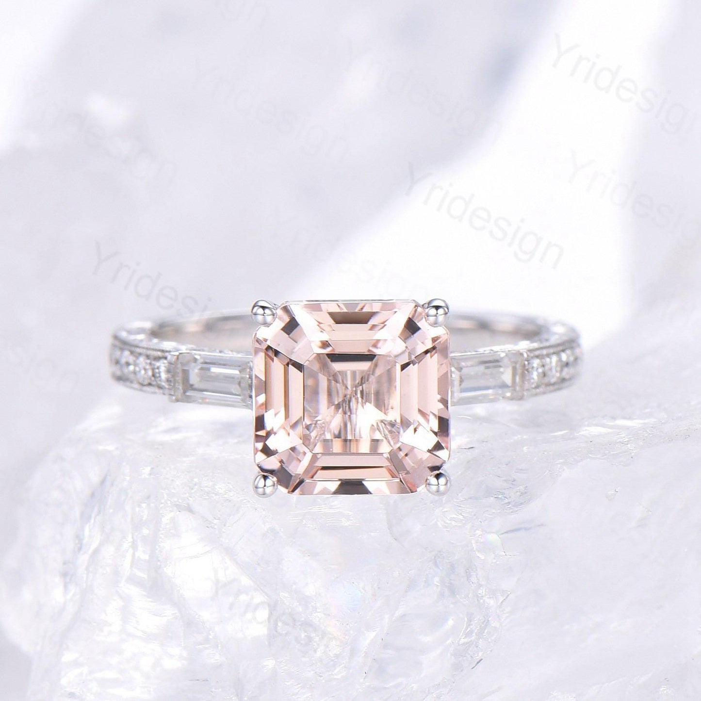 Unique asscher cut morganite engagement ring art deco hidden halo baguette diamond wedding band 14k white gold milgrain anniversary ring her - PENFINE