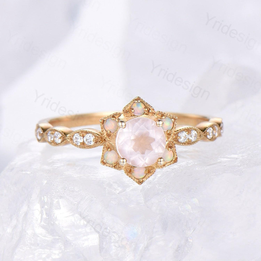 Floral Natural Rose Quartz Ring Vintage Sunflower Halo Opal Pink Crystal Engagement Ring Art Deco MIlgrain Wedding Band Anniversary Gift - PENFINE