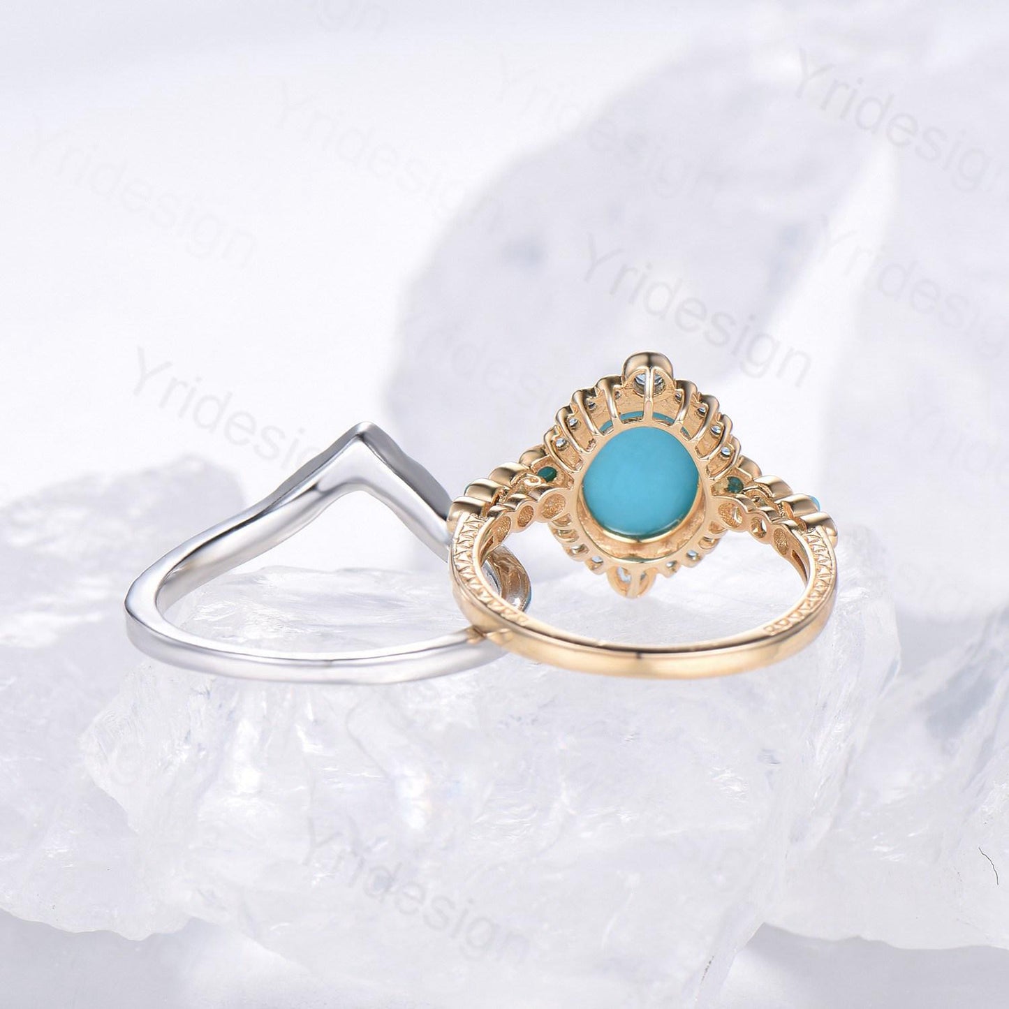 Unique oval turquoise engagement ring set vintage halo alexandrite alternative wedding ring set enamel moissanite stacking band bridal set - PENFINE