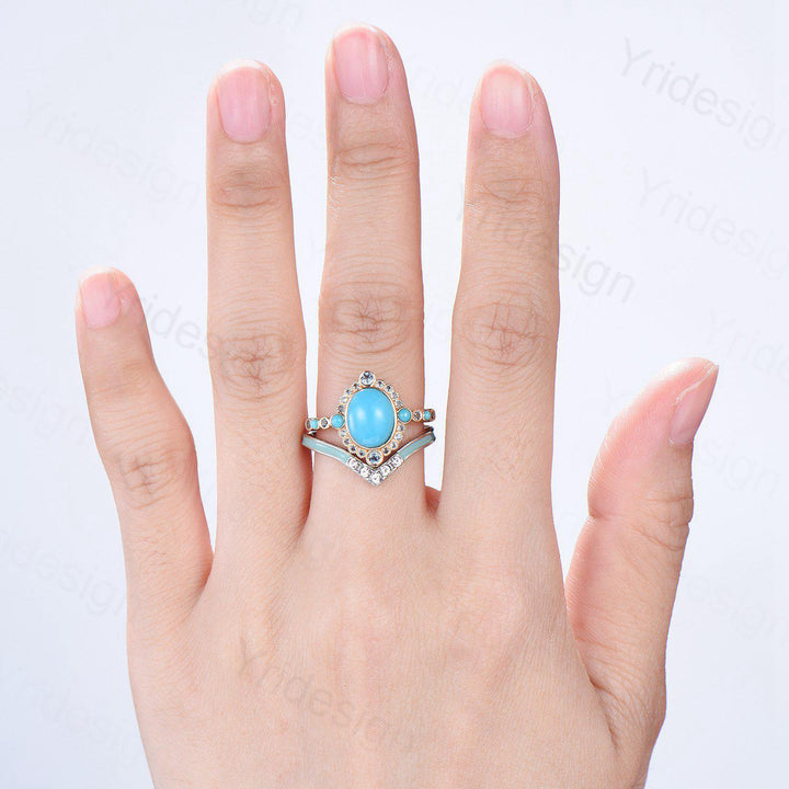 Unique oval turquoise engagement ring set vintage halo alexandrite alternative wedding ring set enamel moissanite stacking band bridal set - PENFINE