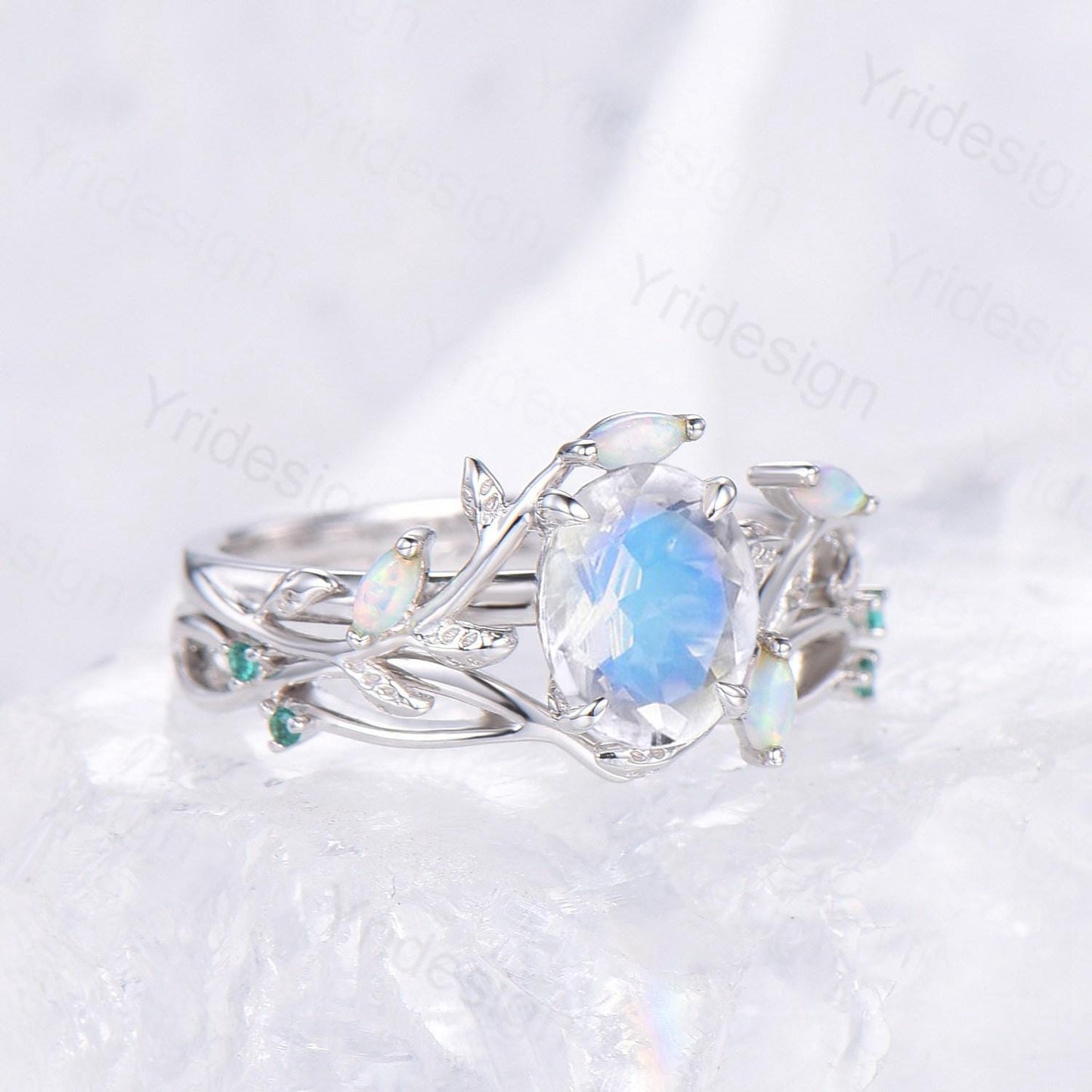 Natural Inspired oval moonstone engagement ring set twig marquise opal bridal set evil eye infinity emerald stacking band anniversary gift - PENFINE