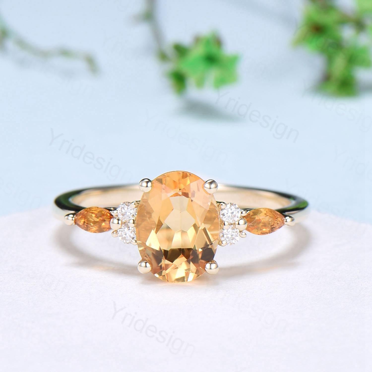 Vintage Oval Cut Citrine engagement ring 1.5 carat flawless Citrine ring for women 14K Yellow Gold marquise November birthstone wedding Ring - PENFINE