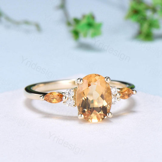 Vintage Oval Cut Citrine engagement ring 1.5 carat flawless Citrine ring for women 14K Yellow Gold marquise November birthstone wedding Ring - PENFINE