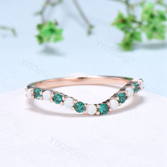 Curved opal wedding ring half eternity opal emerald wedding band silver 14k rose gold anniversary ring stacking band for hexagon cut ring - PENFINE