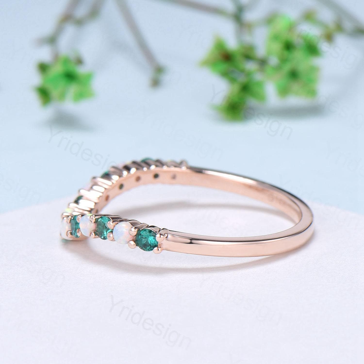 Curved opal wedding ring half eternity opal emerald wedding band silver 14k rose gold anniversary ring stacking band for hexagon cut ring - PENFINE