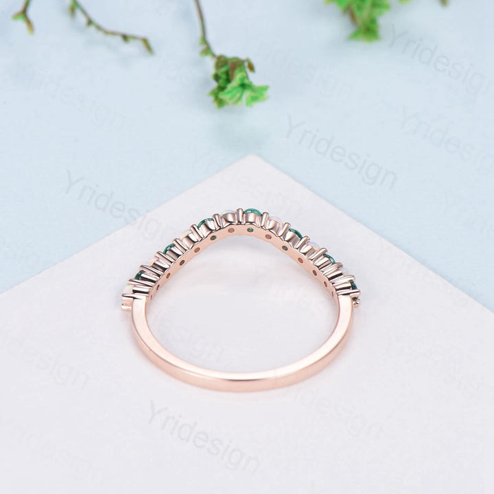 Curved opal wedding ring half eternity opal emerald wedding band silver 14k rose gold anniversary ring stacking band for hexagon cut ring - PENFINE