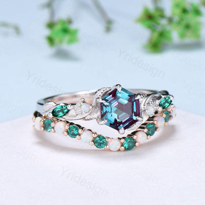 Unique Hexagon Cut Alexandrite Engagement Ring Set Nature Inspired Jewelry 14K Rose Gold Twig Vine Opal Emerald Bridal Set June Birthstone - PENFINE