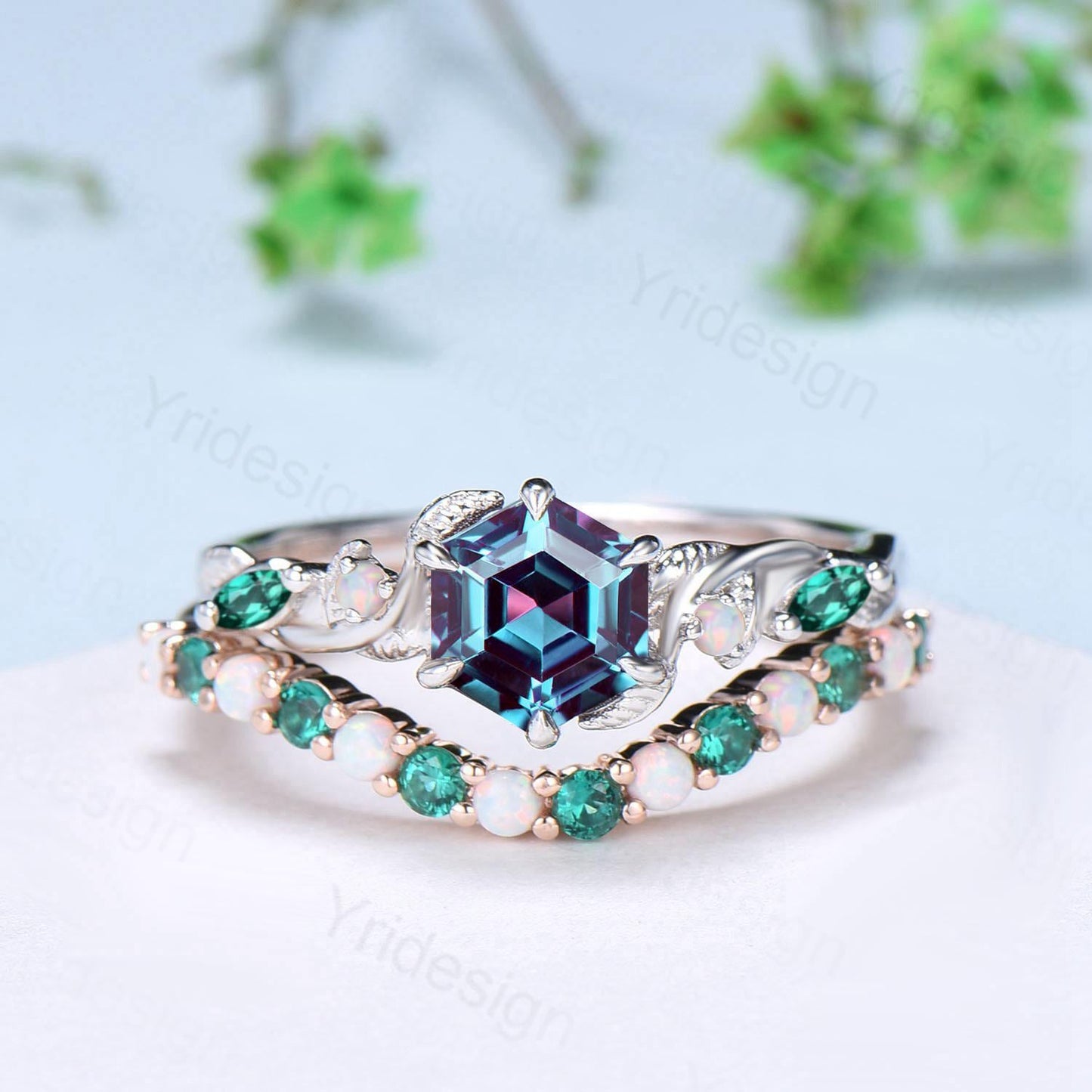 Unique Hexagon Cut Alexandrite Engagement Ring Set Nature Inspired Jewelry 14K Rose Gold Twig Vine Opal Emerald Bridal Set June Birthstone - PENFINE