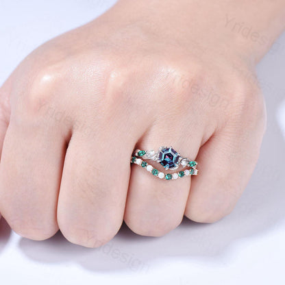 Unique Hexagon Cut Alexandrite Engagement Ring Set Nature Inspired Jewelry 14K Rose Gold Twig Vine Opal Emerald Bridal Set June Birthstone - PENFINE