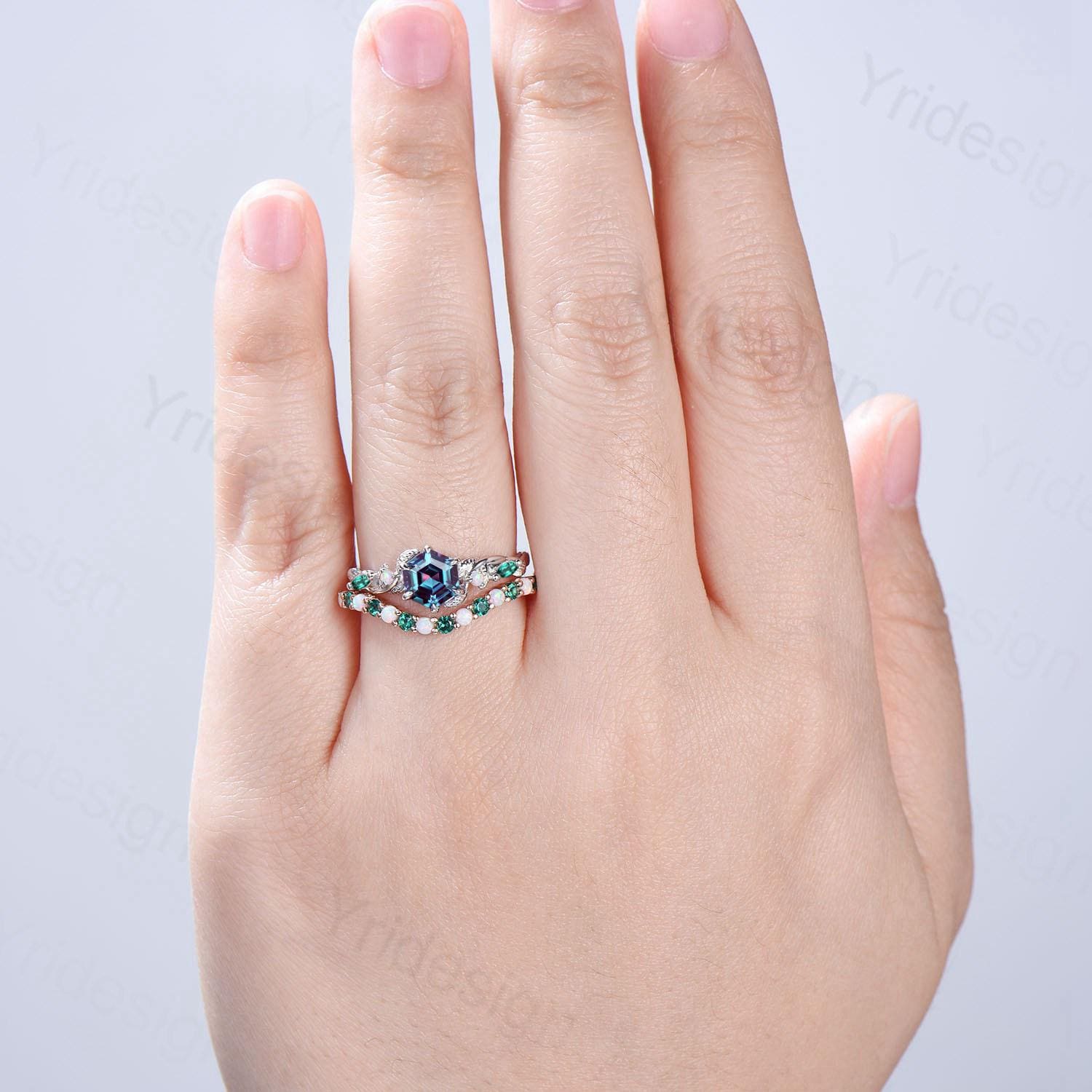 Unique Hexagon Cut Alexandrite Engagement Ring Set Nature Inspired Jewelry 14K Rose Gold Twig Vine Opal Emerald Bridal Set June Birthstone - PENFINE