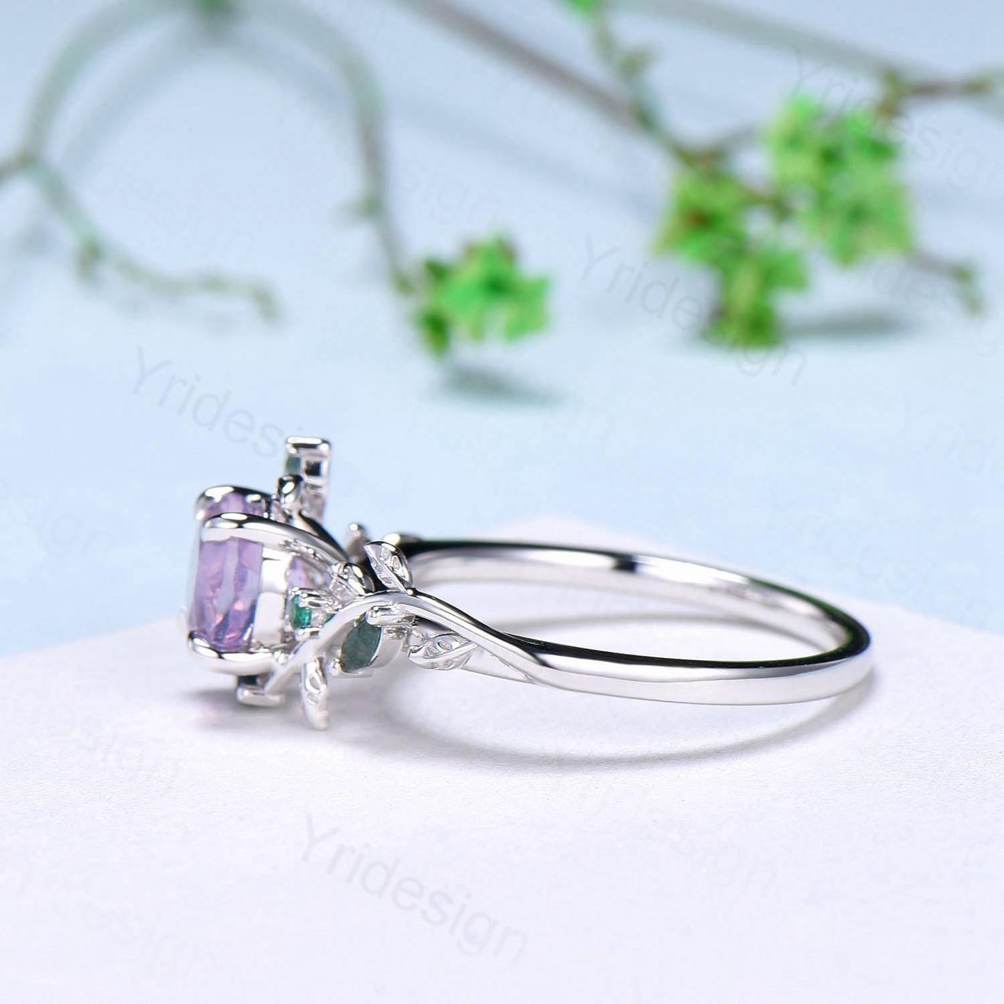 Unique Round Lavender Amethyst Engagement Ring Silver 14K White Gold Nature Inspired Green Moss Agate Emerald Wedding Ring Twig Vine Ring - PENFINE