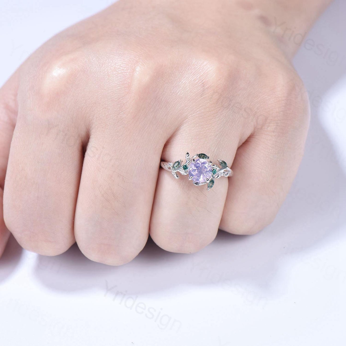 Unique Round Lavender Amethyst Engagement Ring Silver 14K White Gold Nature Inspired Green Moss Agate Emerald Wedding Ring Twig Vine Ring - PENFINE