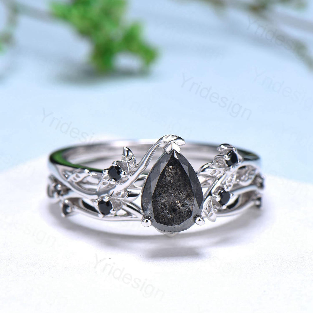 Nature inspired salt pepper diamond engagement ring vintage pear shaped twig vine pepper diamond bridal set unique leaf vine ring for women - PENFINE