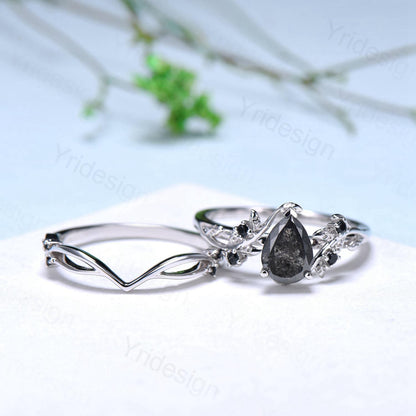 Nature inspired salt pepper diamond engagement ring vintage pear shaped twig vine pepper diamond bridal set unique leaf vine ring for women - PENFINE