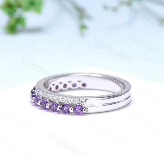 Enhance Amethyst diamond wedding band white gold moissanite band anniversary gift for wife, Matching Stacking Ring, Elegant Promise Band Her - PENFINE