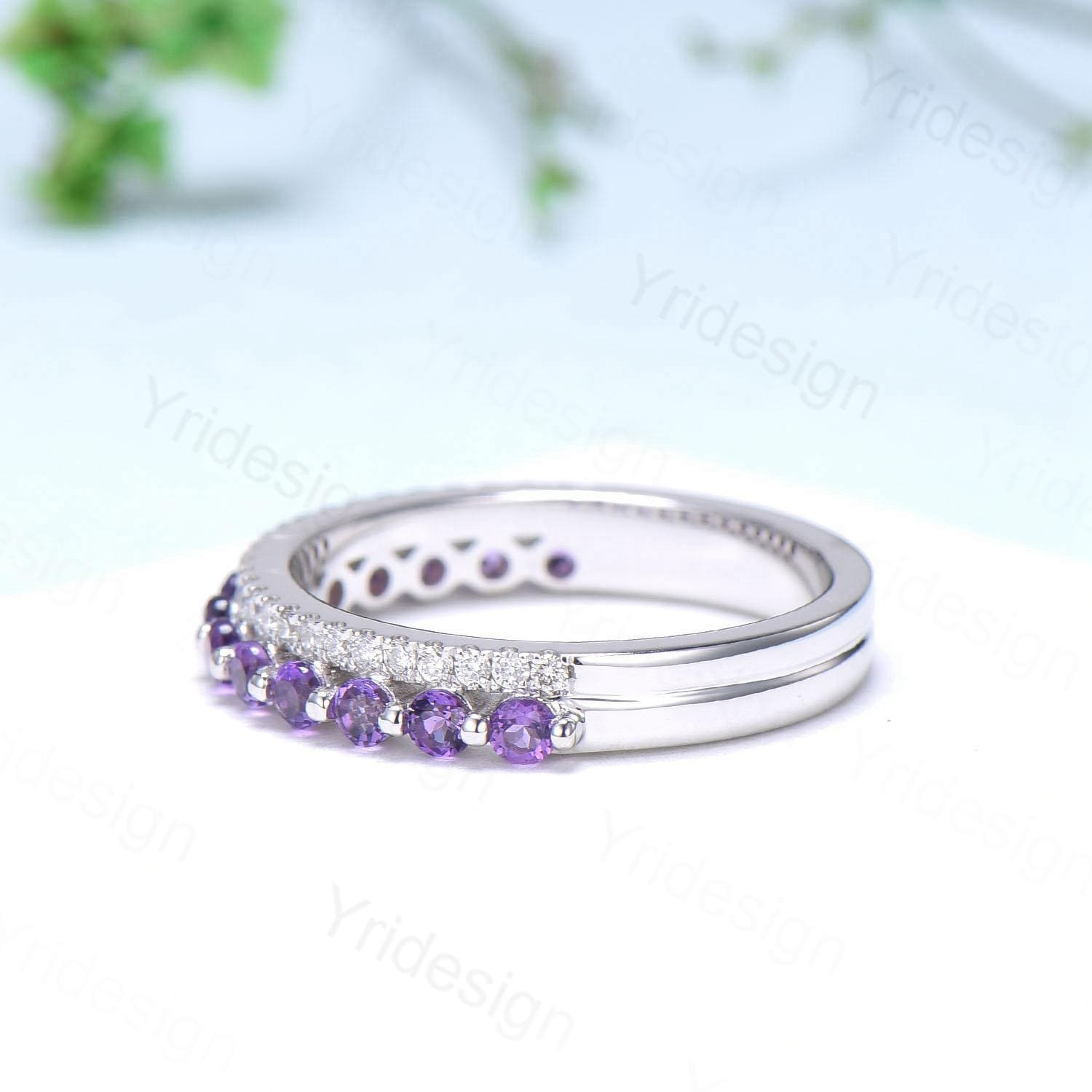 Enhance Amethyst diamond wedding band white gold moissanite band anniversary gift for wife, Matching Stacking Ring, Elegant Promise Band Her - PENFINE