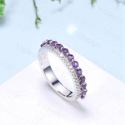 Enhance Amethyst diamond wedding band white gold moissanite band anniversary gift for wife, Matching Stacking Ring, Elegant Promise Band Her - PENFINE