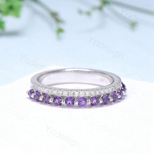 Enhance Amethyst diamond wedding band white gold moissanite band anniversary gift for wife, Matching Stacking Ring, Elegant Promise Band Her - PENFINE