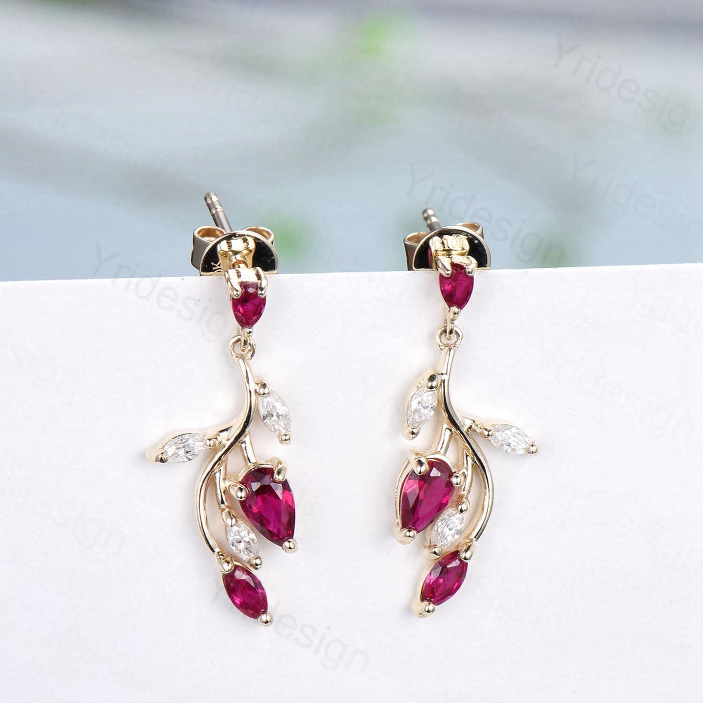 Elegant Ruby Earrings Nature Inspired Red Ruby Stud Earrings July birthstone Earrings Solid 14K Yellow  Gold Vintage Leaves Earrings Women - PENFINE