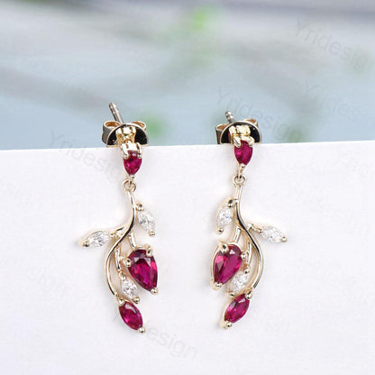 Elegant Ruby Earrings Nature Inspired Red Ruby Stud Earrings July birthstone Earrings Solid 14K Yellow  Gold Vintage Leaves Earrings Women - PENFINE