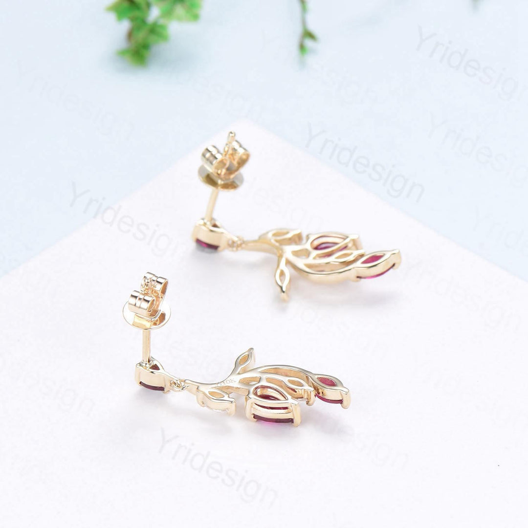 Elegant Ruby Earrings Nature Inspired Red Ruby Stud Earrings July birthstone Earrings Solid 14K Yellow  Gold Vintage Leaves Earrings Women - PENFINE