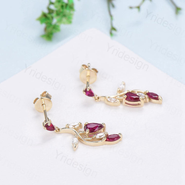 Elegant Ruby Earrings Nature Inspired Red Ruby Stud Earrings July birthstone Earrings Solid 14K Yellow  Gold Vintage Leaves Earrings Women - PENFINE