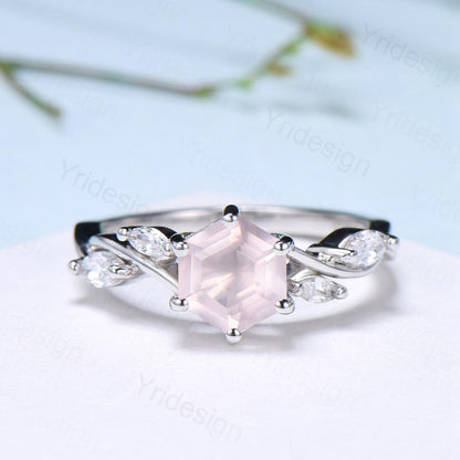 Hexagon cut rose quartz engagement ring vintage Unique Marquise cut Diamond Cluster ring White gold engagement ring Bridal Anniversary ring - PENFINE