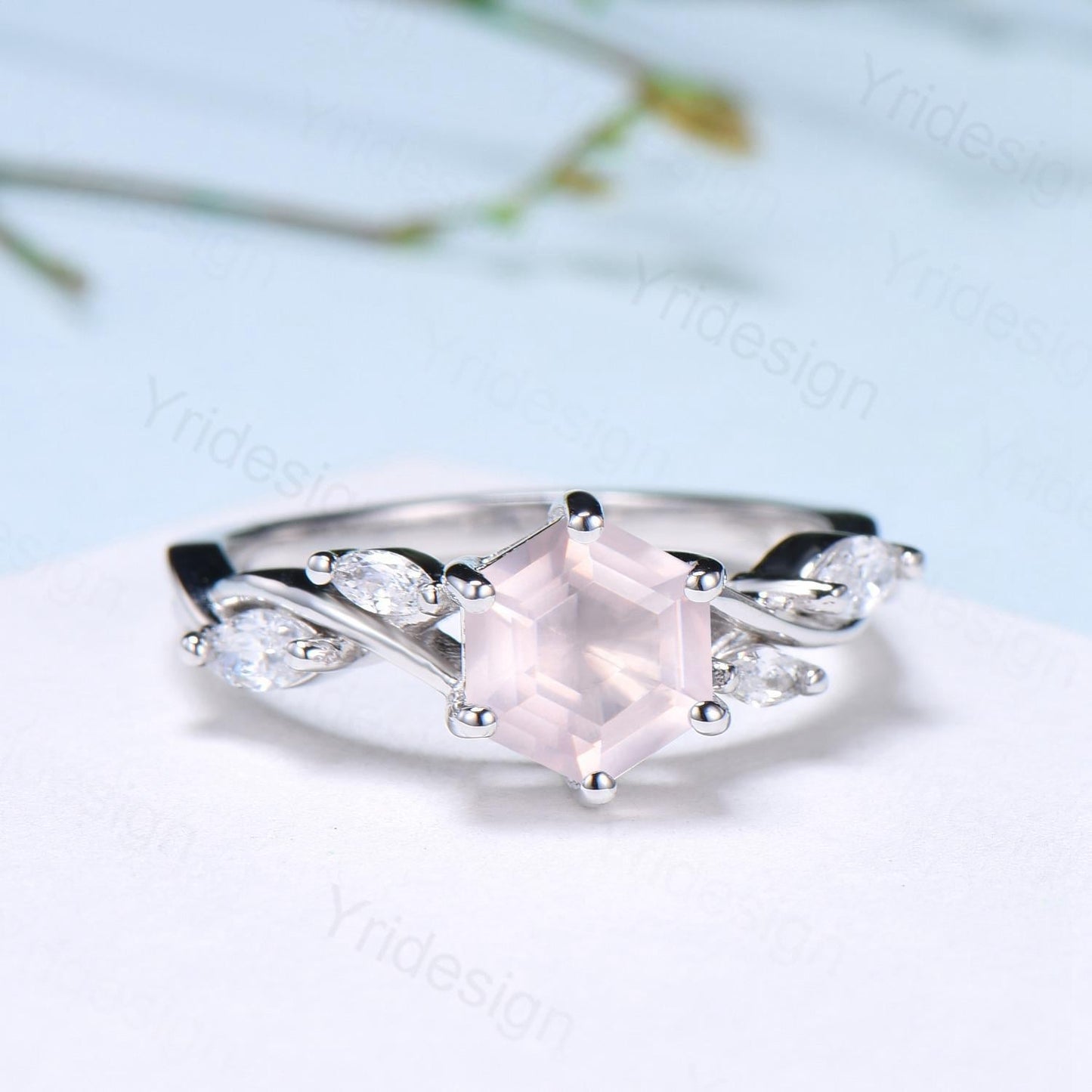 Hexagon cut rose quartz engagement ring vintage Unique Marquise cut Diamond Cluster ring White gold engagement ring Bridal Anniversary ring - PENFINE