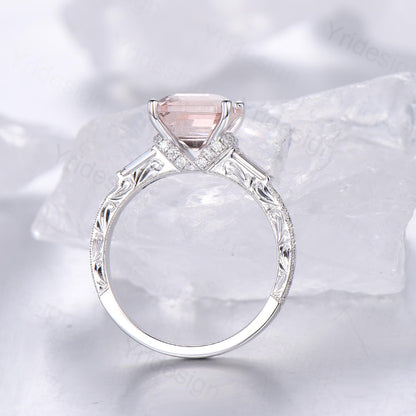 Unique asscher cut morganite engagement ring art deco hidden halo baguette diamond wedding band 14k white gold milgrain anniversary ring her - PENFINE