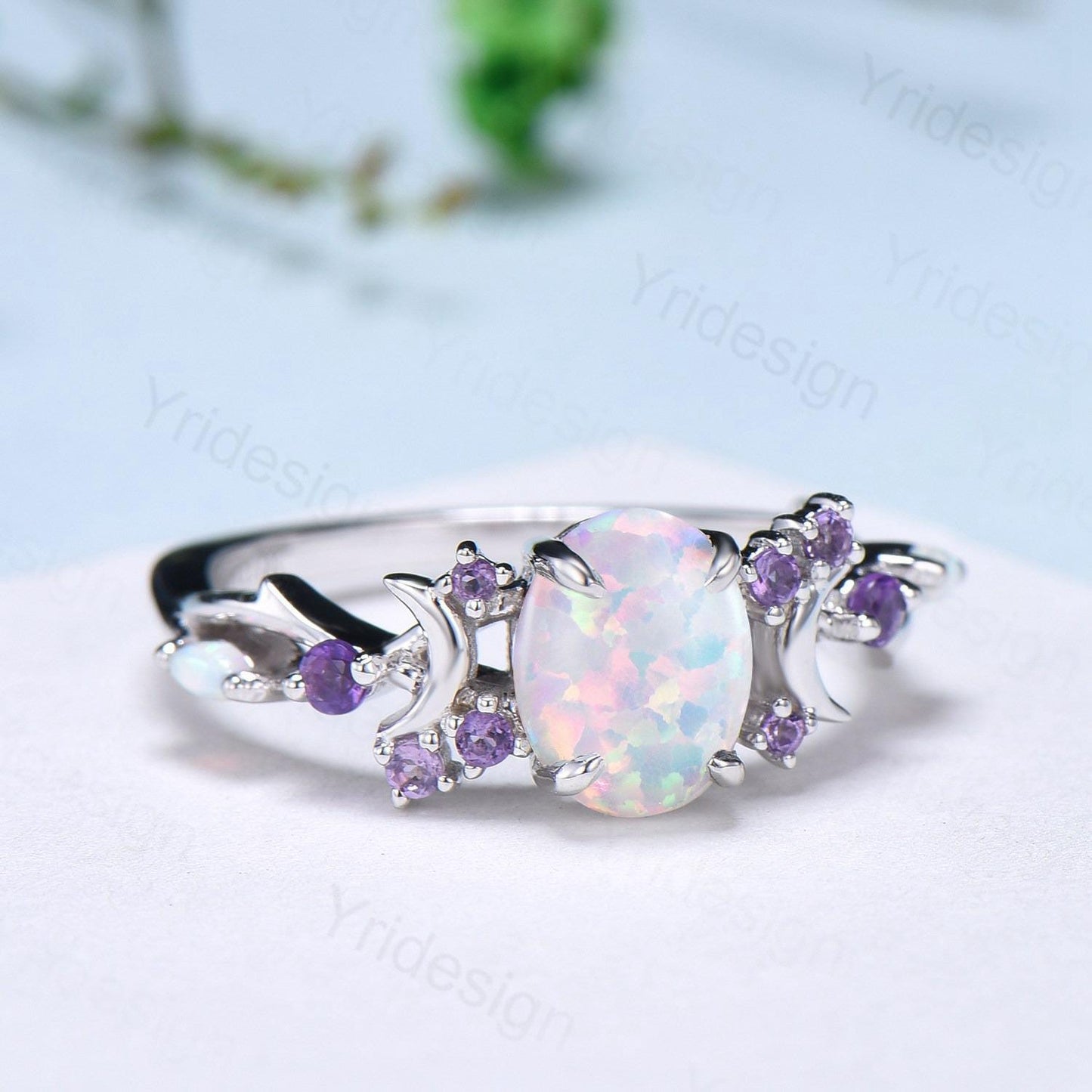 Unique Oval White Opal Engagement Ring Vintage Fire Opal Moon Split Shank Wedding Ring Branch Amethyst Wedding Ring Promise Gift For Women - PENFINE