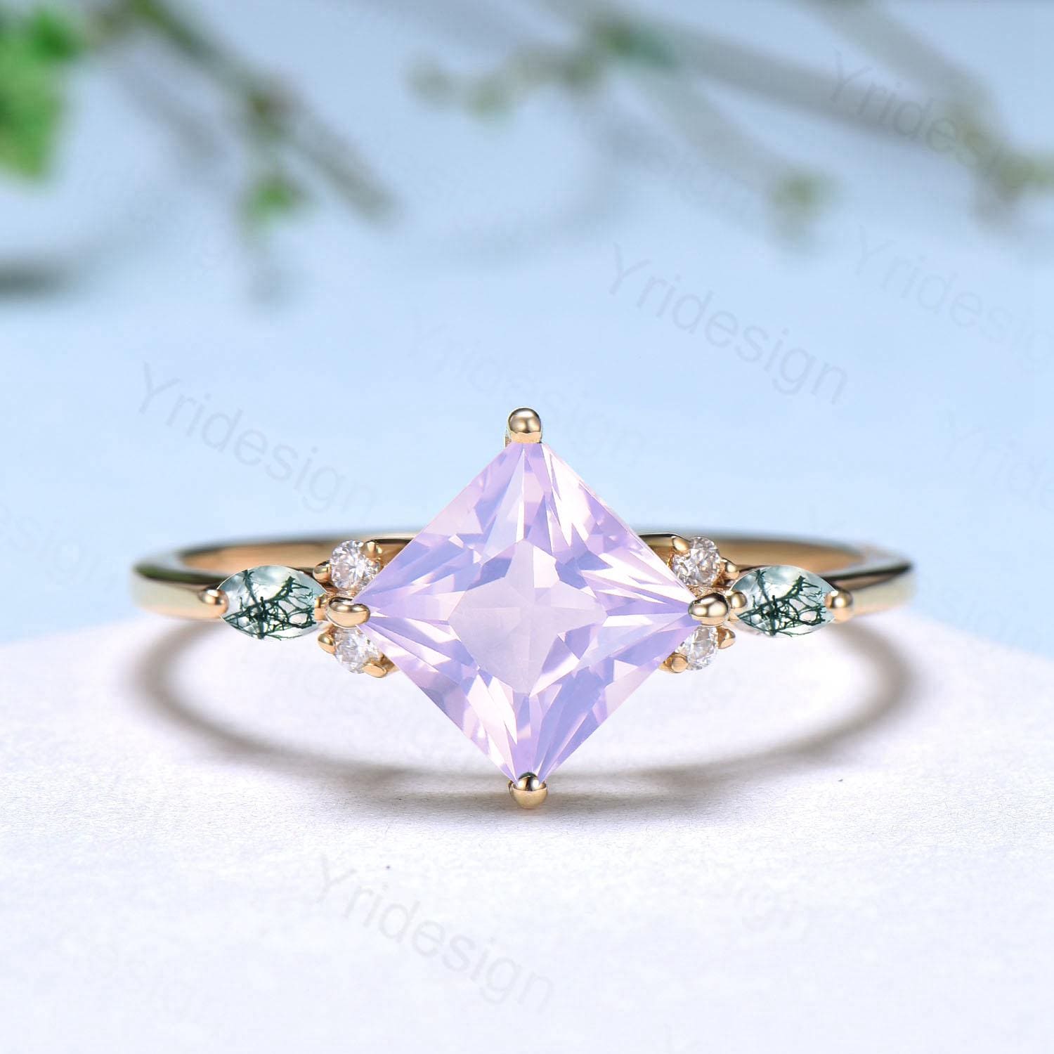 Vintage Princess Cut Lavender Amethyst Engagement Ring Set Vintage Seven Stone Marquise Moss Agate Band Opal Agate Art Deco Bridal Set Women - PENFINE