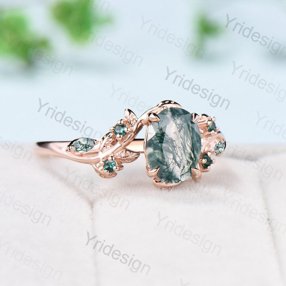 1.5Ct Oval Natural Moss Agate Engagement Ring Nature Inspired Green Agate Promise Ring Cluster Emerald Anniversary Ring Silver Rose Gold - PENFINE