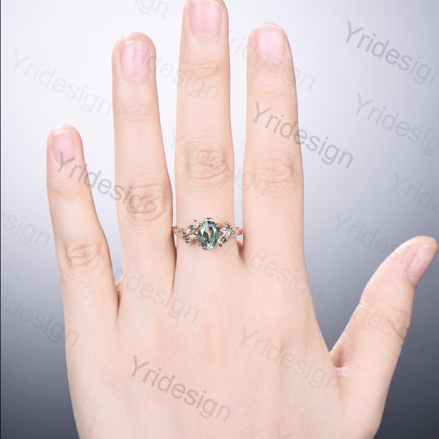 1.5Ct Oval Natural Moss Agate Engagement Ring Nature Inspired Green Agate Promise Ring Cluster Emerald Anniversary Ring Silver Rose Gold - PENFINE