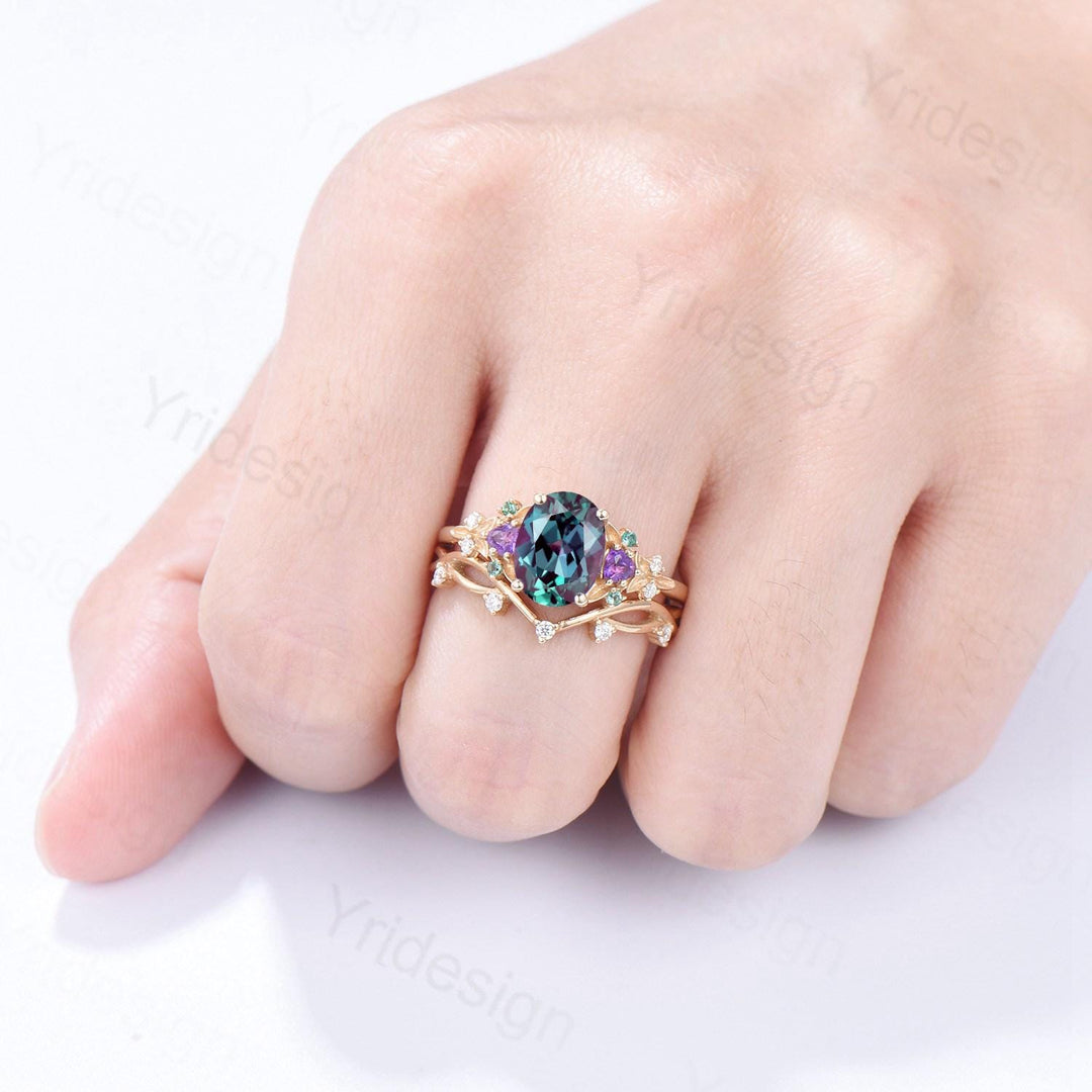 Vintage oval cut alexandrite engagement ring rose gold art deco cluster leaf amethyst wedding set nature inspired bridal promise ring set - PENFINE