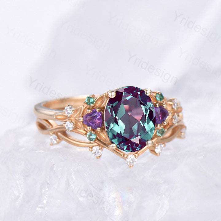 Vintage oval cut alexandrite engagement ring rose gold art deco cluster leaf amethyst wedding set nature inspired bridal promise ring set - PENFINE