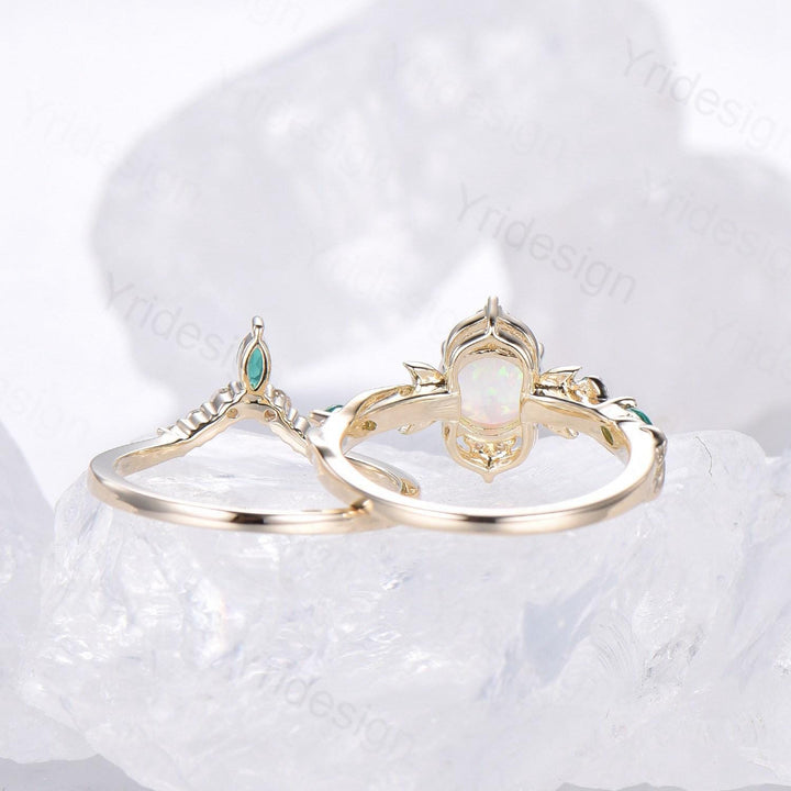 2pcs Vintage Round White Opal Engagement Ring Leaf Moon Cluster Amethyst Bridal Set Art Deco Nature Inspired October Birthstone Promise Ring - PENFINE