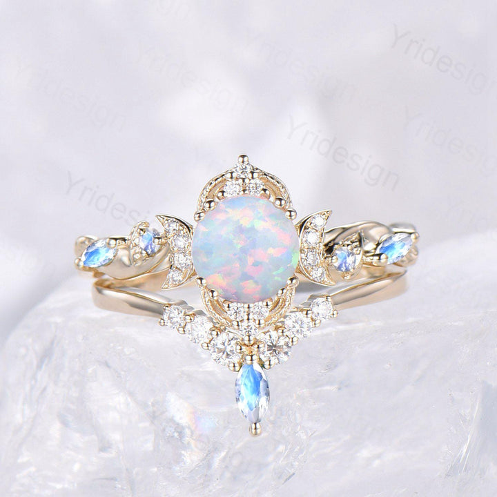 2pcs Vintage Round White Opal Engagement Ring Leaf Moon Cluster Amethyst Bridal Set Art Deco Nature Inspired October Birthstone Promise Ring - PENFINE