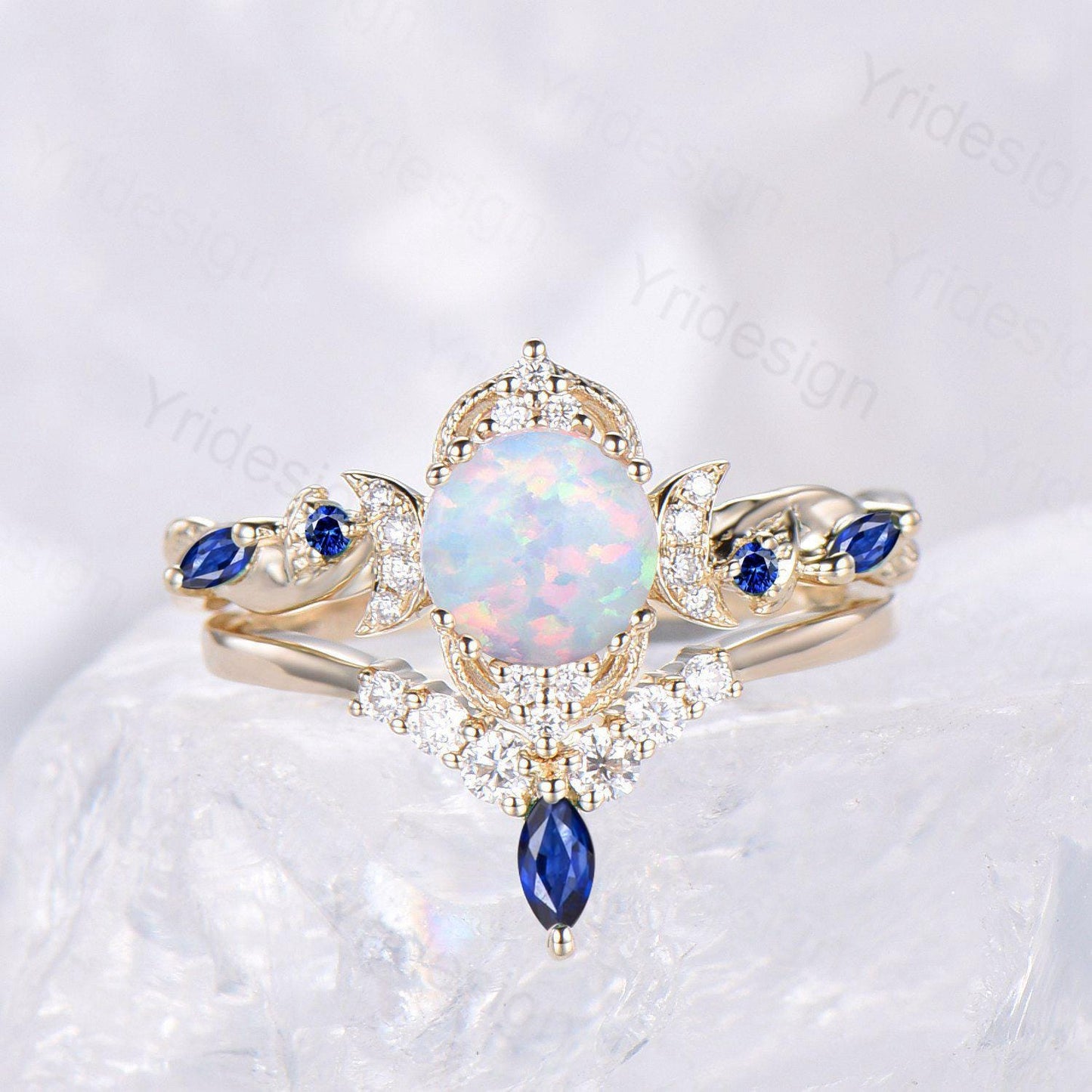 2pcs Vintage Round White Opal Engagement Ring Leaf Moon Cluster Amethyst Bridal Set Art Deco Nature Inspired October Birthstone Promise Ring - PENFINE