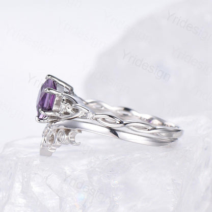 Norse Viking Royal Cut Amethyst Ring Set Celtic Love Hexagon Cut Amethyst Engagement Ring Vintage February Birthstone Wedding Ring For Women - PENFINE