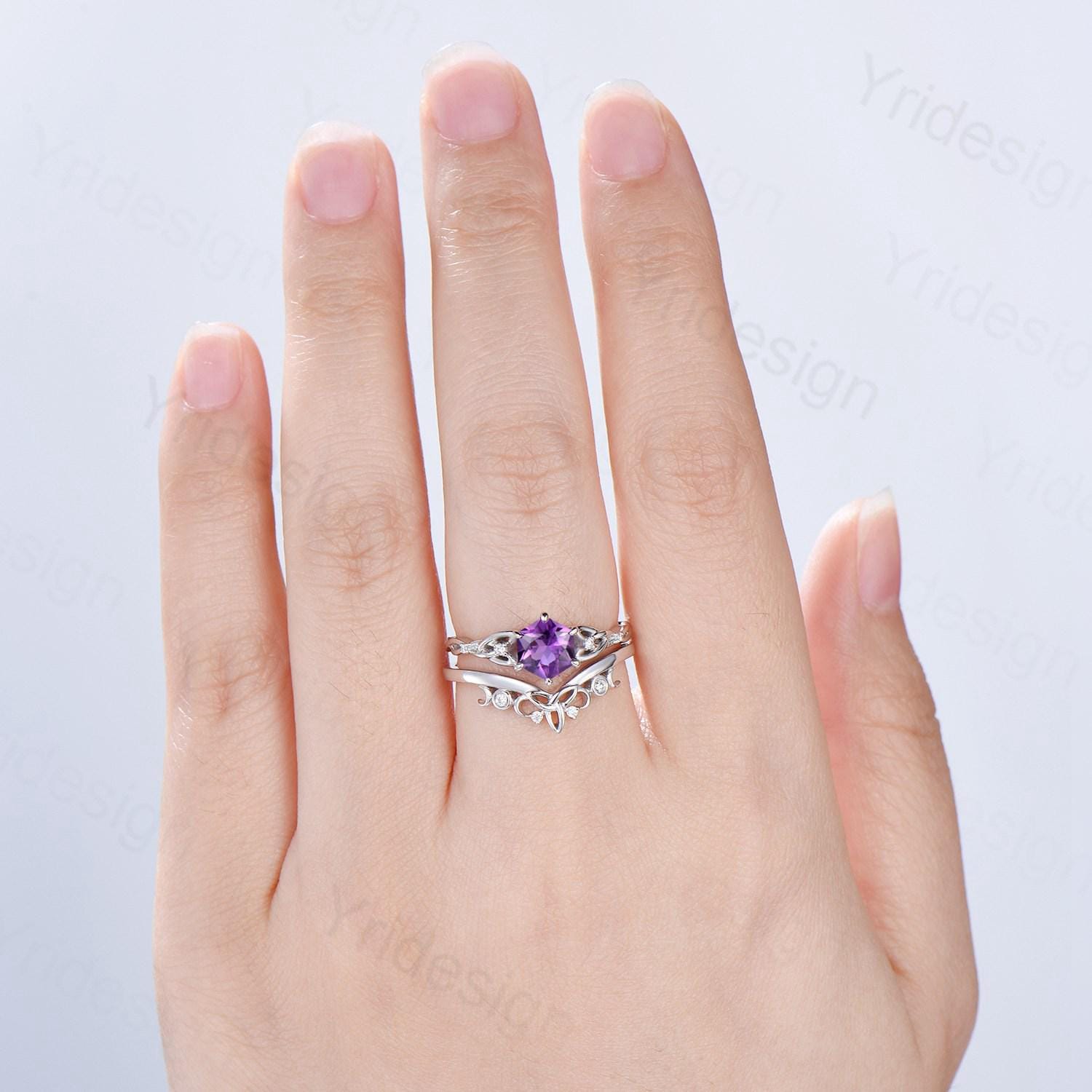 Norse Viking Royal Cut Amethyst Ring Set Celtic Love Hexagon Cut Amethyst Engagement Ring Vintage February Birthstone Wedding Ring For Women - PENFINE