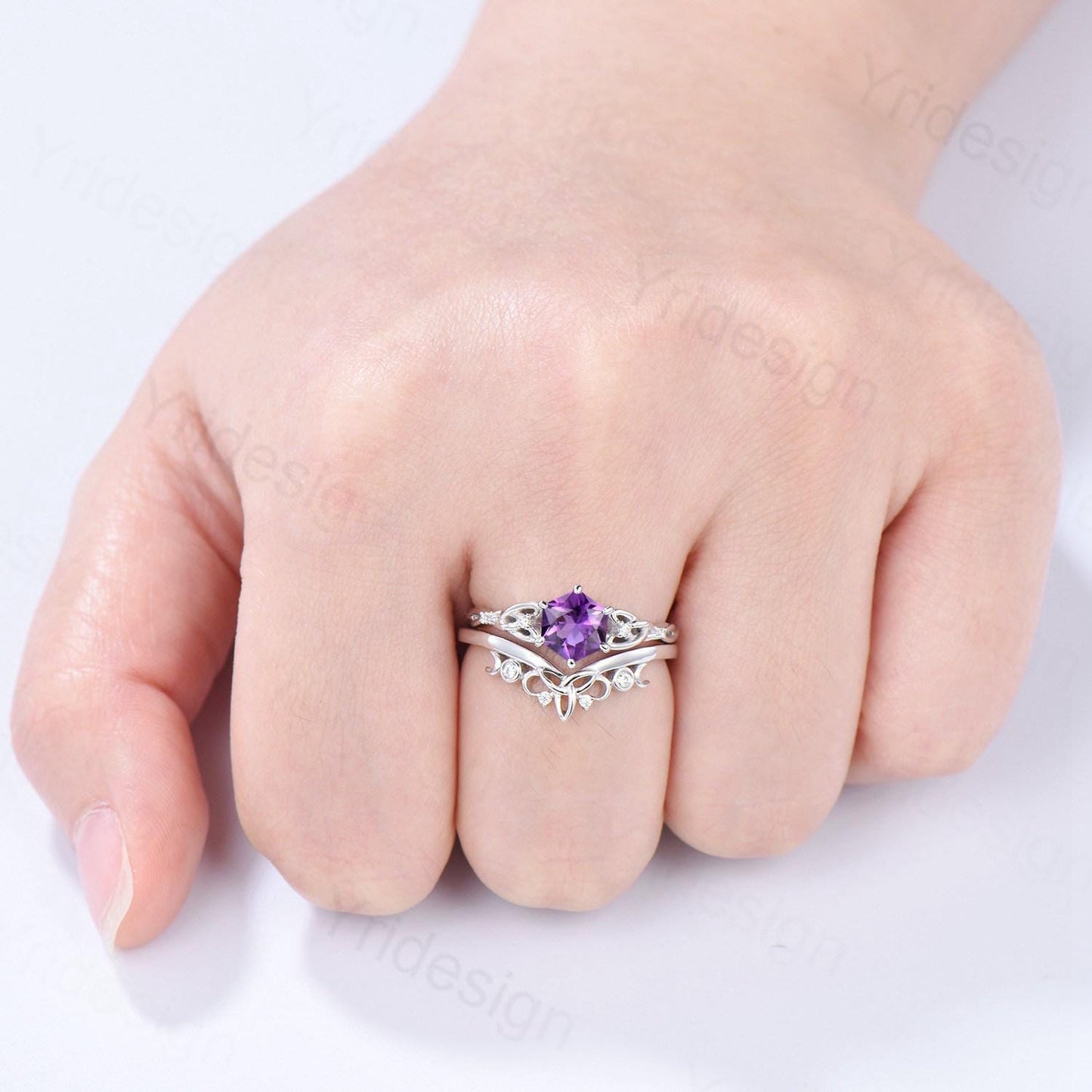 Norse Viking Royal Cut Amethyst Ring Set Celtic Love Hexagon Cut Amethyst Engagement Ring Vintage February Birthstone Wedding Ring For Women - PENFINE